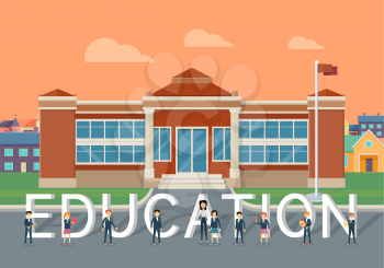 School education concept. Classic school building with happy pupil and teacher on school yard flat vector illustration. Children learning favorite school subjects. For private school or college ad