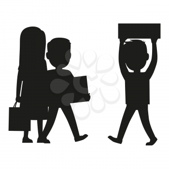 People making holiday purchases silhouette. Man and woman walking with bought goods in boxes and paper bags  isolated vector. Customers black and white illustration for shopping and sale concept