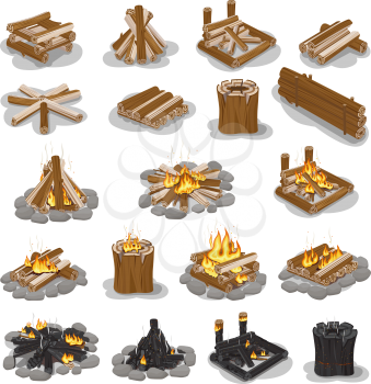 Campfire and firewood set isolated on white. Stages of making burning fire. Bonfire collection camping, burning woodpile campfire fireplace concept. Tourist firewoods vector illustrationin flat style