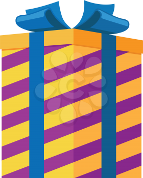 Gift box isolated vector illustration. Striped present for festival in yellow and purple colors with big blue bow. Pyrotechnic device as present inside for holiday celebrations, entertainment purposes
