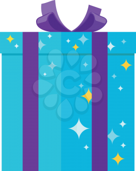 Gift box isolated vector illustration. Present giftbox for festivals in blue colors with stars and big purple bow. Pyrotechnic device as present inside for holiday celebrations, entertainment purposes