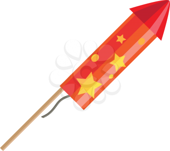 Rocket pyrotechnic firework made out of paper tube packed with gunpowder, propels itself into air in order to fly. Vector in cartoon style red exploding rocket with golden stars isolated on white
