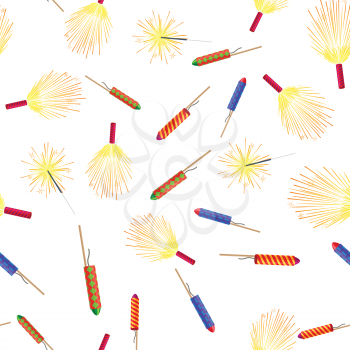 Seamless pattern with colorful rockets and sparkler firework elements isolated on white in cartoon style flat design. Vector New Year attributes with salute emblems and pyrotechnic firecracker.