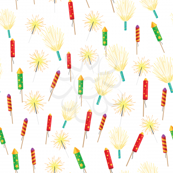 Seamless pattern with bengal fires, colorful rockets and sparkler firework elements isolated on white. New Year attributes pyrotechnic firecracker in cartoon style, flat design vector illustration