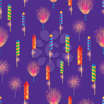 Bengal fires, colorful rockets and sparkler firework elements seamless pattern endless texture in cartoon style flat design. New Year wrapping paper, pyrotechnic firecracker fabric vector illustration