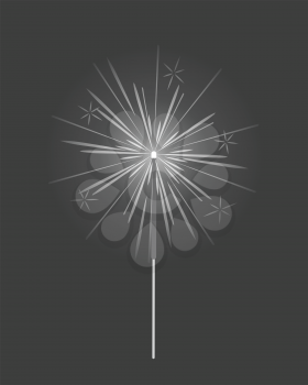 Bengal or indian light, sparkler firework fire isolated in black and white colors. Element for celebration of holidays, parties used for entertainment purposes. Colorless sparks illustration