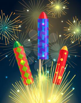Colourful exploding rockets set on bright background. Salutes banners with bengal fires, petards explosions in cartoon style flat design. Collection of fireworks and New Year decoration attributes.