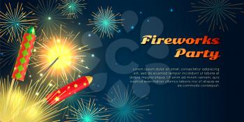 Fireworks party web barner in cartoon style. Collection of pyrotechnics vector illustration of colourful firework rockets exploding in night sky. New Year attributes firecrackers christmas decorations