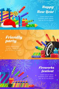 Happy New Year fireworks festival and friendly party. Vector set of different kinds of amazing fireworks and salute elements for holidays. Banner of celebration pyrotechnic devices in flat style.