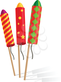 Colourful exploding red, green and golden rockets isolated on white background in cartoon style flat design. Collection of fireworks an New Year attributes decorations. Vector illustration of salute