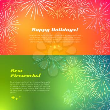 Happy holidays best fireworks salute elements for fireworks festival. Vector illustration banners in flat style set of different kinds of fireworks for birthday celebration on pyrotechnical background