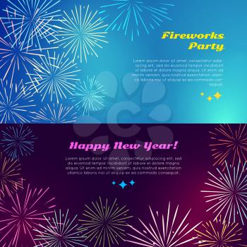 Happy New Year fireworks party with salute elements. Vector illustration banner in flat style for celebration of different holidays and parties. Greeting card design in New Year and Christmas concept