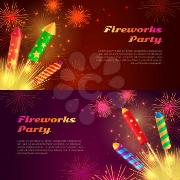 Colourful exploding rockets set on bright background. Salutes banners with bengal fires, petards explosions in cartoon style flat design. Collection of fireworks and New Year decoration attributes.