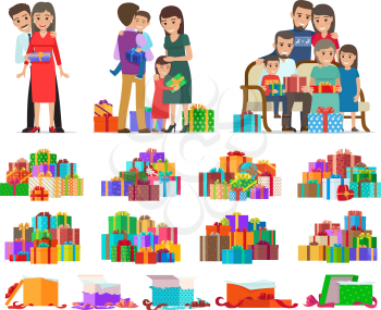 Set of colourful pictures with cartoon people celebrating New Year and giving present boxes to each other. Vector poster of groups of decorated variegated xmas cases with ribbons and opened boxes