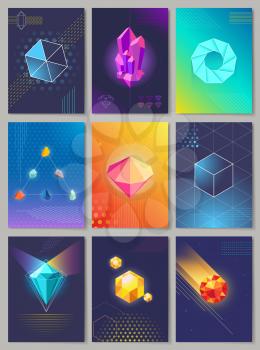 Precious stones colourful collection of nine. Vector illustration of falling and still stones in round square triangular unusual shapes and in blue, orange, dark, violet colors in flat design