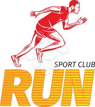 Run sport club logotype with motto credo for fitness center. Red running sportsman logo on white. Fitness keeps fit sport lifestyle vector illustration. Strong body of fast jogging man in flat style