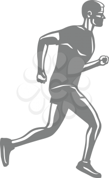 Silhouette of isolated running male person on white background. Man in sportswear and running shoes. Sport lifestyle colourless vector illustration. Motion movement in cartoon style flat design