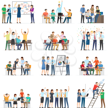 Office workers collaboration collection on white. Co working people discussing ideas. Vector illustration of business meeting, teamwork, collaboration and discussion, conference table, brainstorm.