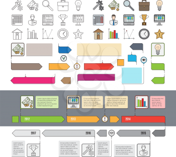 Set of timeline icons with infographic diagrams and steps years ago isolated. Colorful and colorless web icons, evolution of devices for investigations, info empty pointers vector illustration