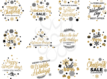 Set of Christmas and Valentine s day sales holiday website vector banner templates. Decorated signs with hand written text for social media banners and promotional material in cartoon style.