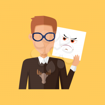 Man character avatar vector. Flat style. Male portrait with anger, wrath, insult, skepticism, contempt, aggression, envy,  emotional mask. Illustration for identity in Internet mood concepts icons