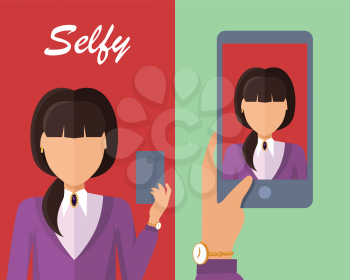 Selfie concept vector. Flat design. Woman character with mobile phone in hand making photo and mobile device with portrait on screen. Illustration for mobile photo and web sharing services ad, icons. 