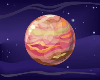 Planet Jupiter in space star background. Element of solar system. Cosmic galaxy background with bright shining stars. Solar system. Isolated planet. Red planet. Vector illustration.