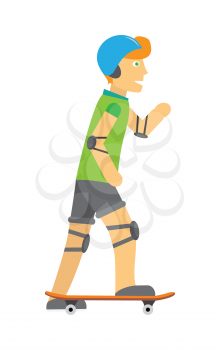 Boy wearing protective gear while skating. Happy cartoon skateboarder. Guy in blue helmet elbow pads and knee pads skateboarding. Healthy way of life and sport concept. Vector illustration.