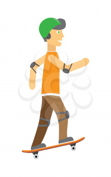 Skateboarder boy in protective equipment and green helmet riding skateboard. Skateboard wearing protective gear. Summer vacation, healthy lifestyle, leisure activities isolated illustration