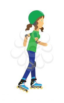 Girl wearing protective gear while rollerblade. Happy cartoon roller. Woman in green helmet elbow pads and knee pads rollerblading. Healthy way of life and sport concept. Vector illustration.