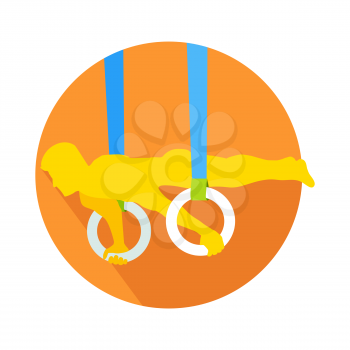 Man on gymnastic rings web button. Sportsman guy, carries out difficult exercise. Sport illustration on white background. Gymnast on rings flat style. Gymnastic rings exercise training sport. Vector