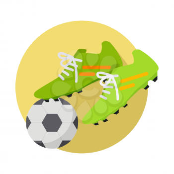 Football icon. Soccer ball with pare of green boots on yellow circle flat style concept illustration isolated on white background. Sports inventory. For sport store ad, app pictogram, infographics