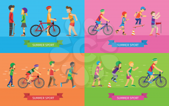 Set of summer sport concepts. Vector in flat style. Women and men in sportswear running, riding bike, skate rollers, skateboard. Victory in sport competition. Moving activity and healthy life. 