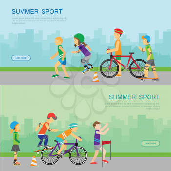 Set of summer sport vector web banners. Women and men running, riding bike, skate rollers, skateboard. Moving activity and healthy life. Flat illustrations for club, sportswear store web page design