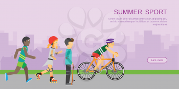 Summer sport. Children going in for sport at the sunset web banner. Teenagers on playground of urban city. Boy skateboarding, roller skate, guy on bike and runner. Active way of life concept. Vector
