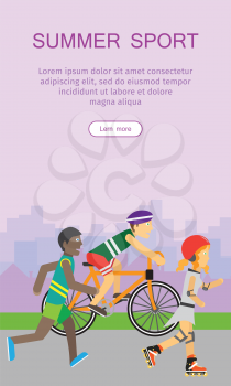 Vertical summer sport banner. Healthy lifestyle fun concept. People in sports uniforms and helmets riding a bike, roller skating and running on background of urban landscape. Summer vacation