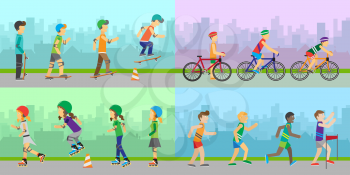 Set of sport concepts with active peoples. Running, skating, biking, rollerblading illustrations. Summer fun. Moving activity and healthy life. Equipment for sports. Victory in sport competition.  