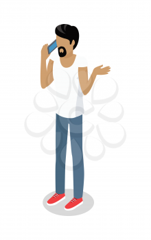Street food buyer isolated. Man in casual cloth makes order by phone. Cartoon character speaks on mobile phone. Concept illustration for street food consumption. Fast food. Vector in flat design