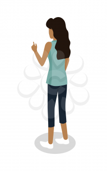 Street food buyer isolated. Woman in casual cloth points on something by finger. Cartoon character wants to buy a snack. Concept illustration for street food consumption. Back view. Fast food. Vector