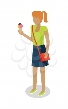 Street food buyer isolated. Woman in casual cloth eats ice cream. Cartoon character with tasty ice corn. Concept illustration for street food consumption. Quick snack. Fast food. Vector in flat design