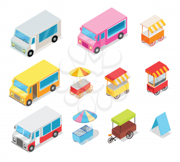Minivans for street food selling stall collection on white. Colorful means of transportation near stall for ice creams, tasty hot dogs and hot drinks with round and rectangular cloth roof vector