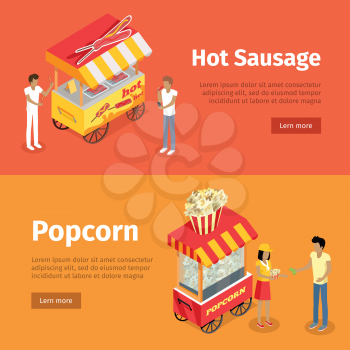 Hot sausage and popcorn mobile umbrella carts. Vector purchasing deal between people buying hotdogs on sticks and popcorn near thematically decorated colourful stalls on orange and yellow backgrounds.