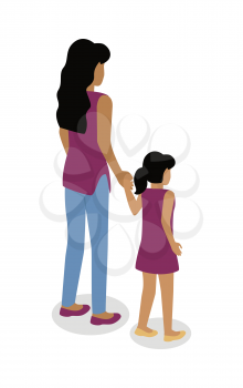 Woman with girl standing backwards isometric projection icon. Mother and daughter holding hands vector illustration isolated on white background. Adult female and child 3d characters for infographics 