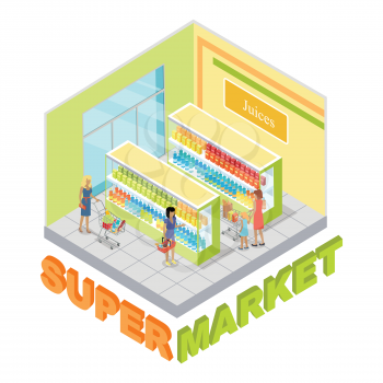 Supermarket juices department interior in isometric projection. Customers choosing goods in grocery store trading hall vector illustration. Daily products shopping concept isolated on white background
