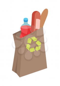 Shopping bag with daily products vector illustration. Make purchases in grocery store flat concept isolated on white background. Recyclable ecological paper package for purchases in supermarket 