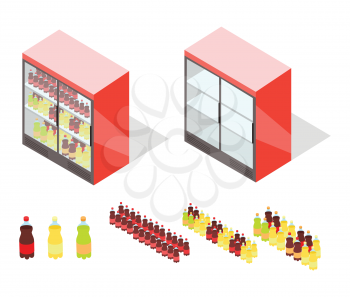 Beverages in shop showcase isometric vector illustration. Carbonated drinks on supermarket fridge 3d model isolated on white background. Full and empty groceries rack isometry for game, app, icon, web