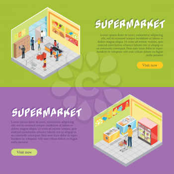 Supermarket departments isometric projection banners. Customers buying goods in grocery store trading hall vector illustrations. Daily products shopping horizontal concepts for mall landing page