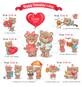 In love teddy bears celebrate happy Valentine s Day. Vector illustration of explanation of true love between couples. Shown confession in feelings, making brave deeds and surprise, sharing interests