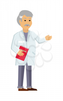 Doctor or scientist character icon. Man in white coat with notepad in hands flat vector illustration isolated on white. Therapist or laboratory assistant. For medical, healthcare, scientific concept 