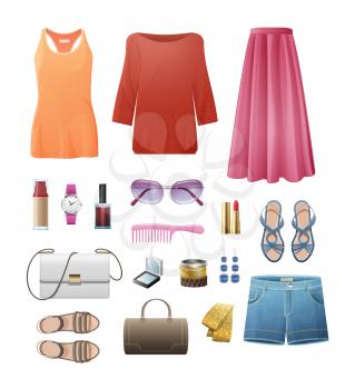 Women s casual important outfits set on white. Orange singlet, ruddy blouse, rosy skirt, white handbag, jeans shorts, blue summer shoes and earrings, brown bag and sandals, pink comb vector set